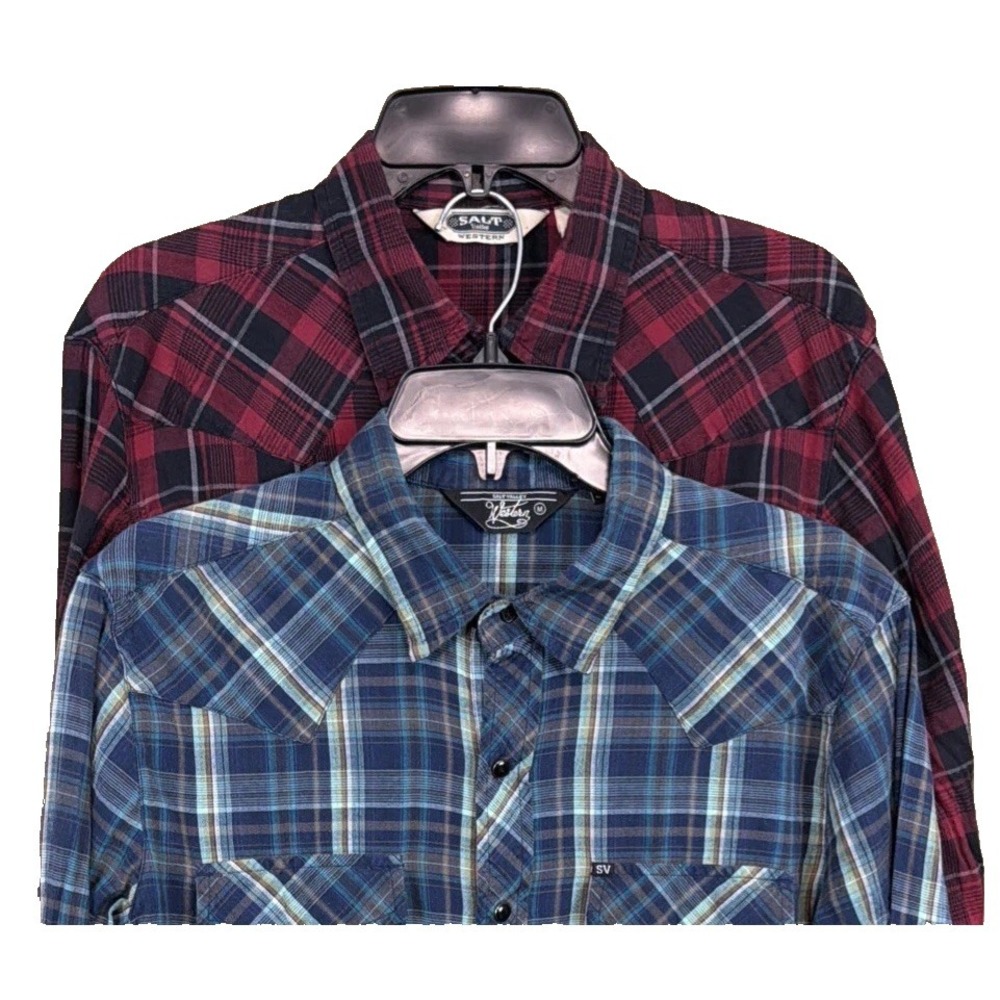 LOT OF 2 VTG Salt Valley Western Plaid Pearl Snap Rockabilly Rancher L/S M Shirt